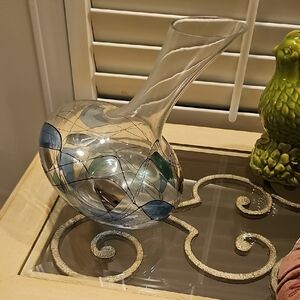 Elegant Glass Vase with Blue And Silver Accents Brand New